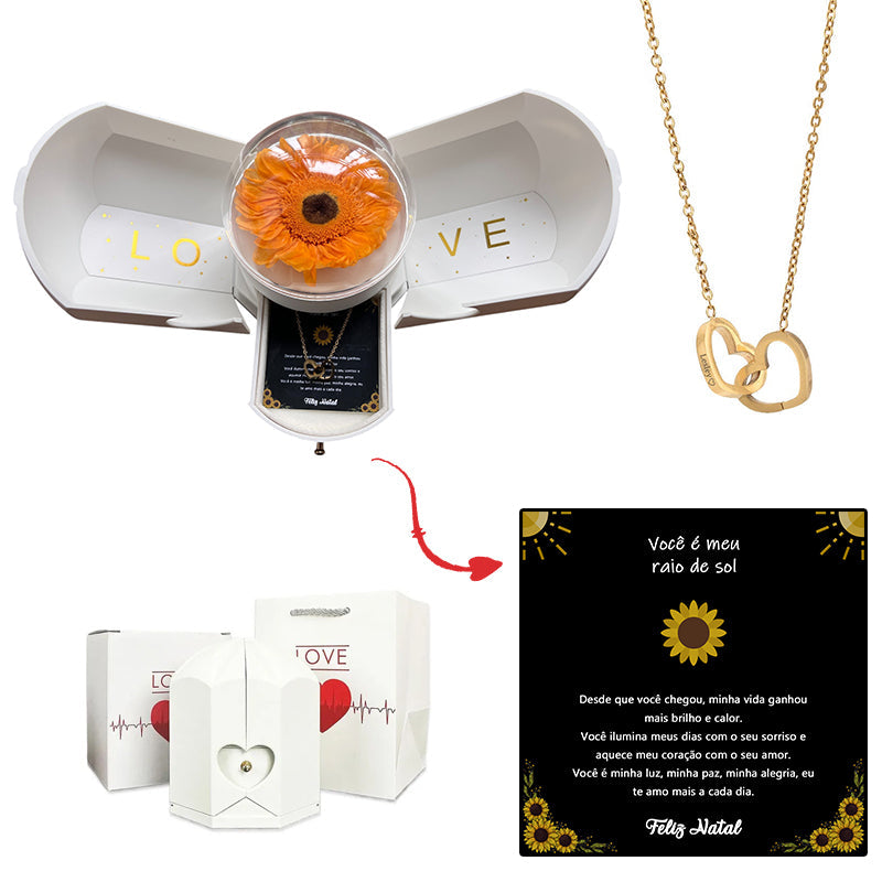 Caixa com Girassol Eterno & Colar Coração Personalizado