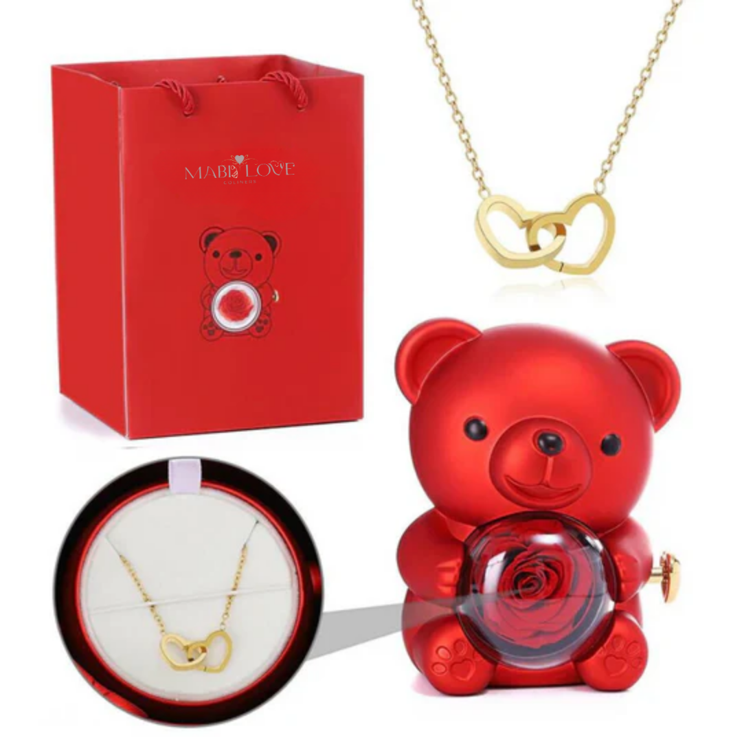Colar com Nome Personalizado + Urso com Rosa Eternizada
